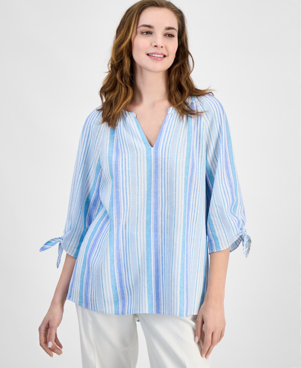 Jones New York Stripe Three Quarter Sleeve Linen Blend V-neck Top In Nyc White,turquoise