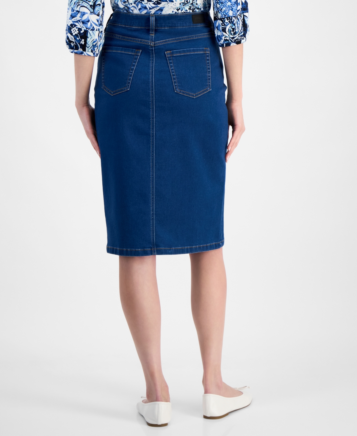 Jones New York Womens Printed 3 4 Sleeve Top Denim Pencil Skirt In Shore Wash