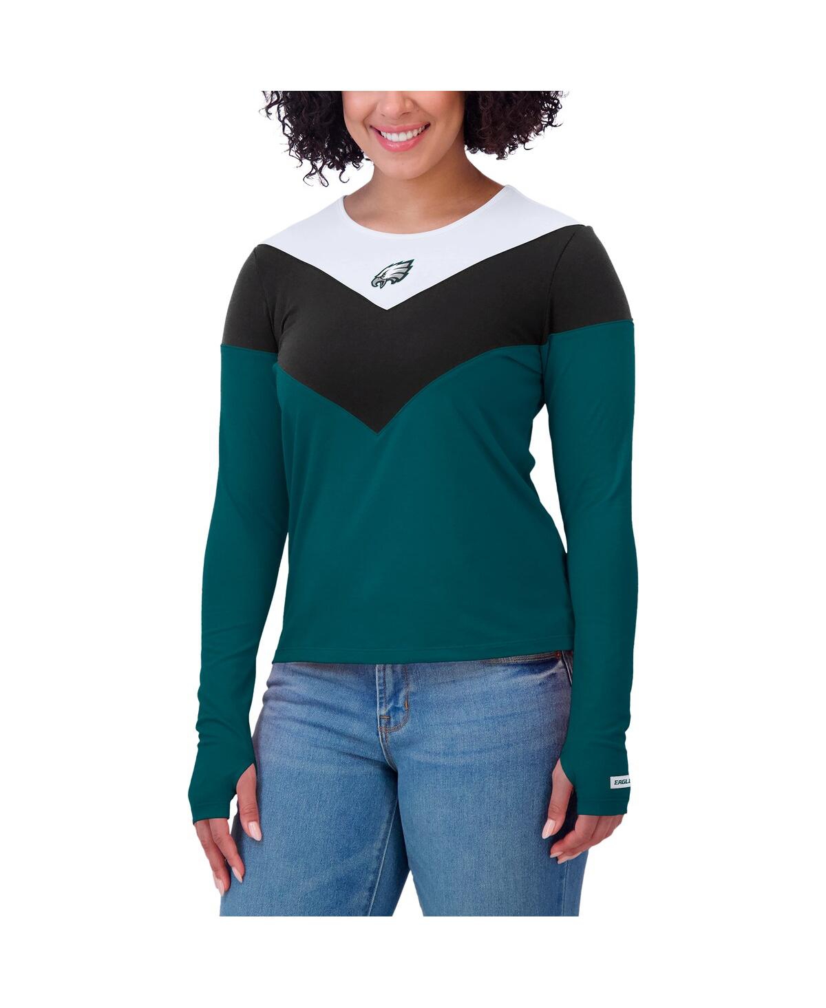 Wear By Erin Andrews Women's Midnight Green/black Philadelphia Eagles Plus Size Chevron Tri-blend Long Sleeve T-shirt In Midnight Green,black