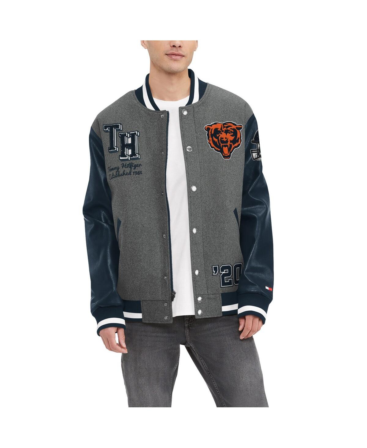 TOMMY HILFIGER MEN'S HEATHER GRAY/NAVY CHICAGO BEARS GUNNER FULL-ZIP VARSITY JACKET 