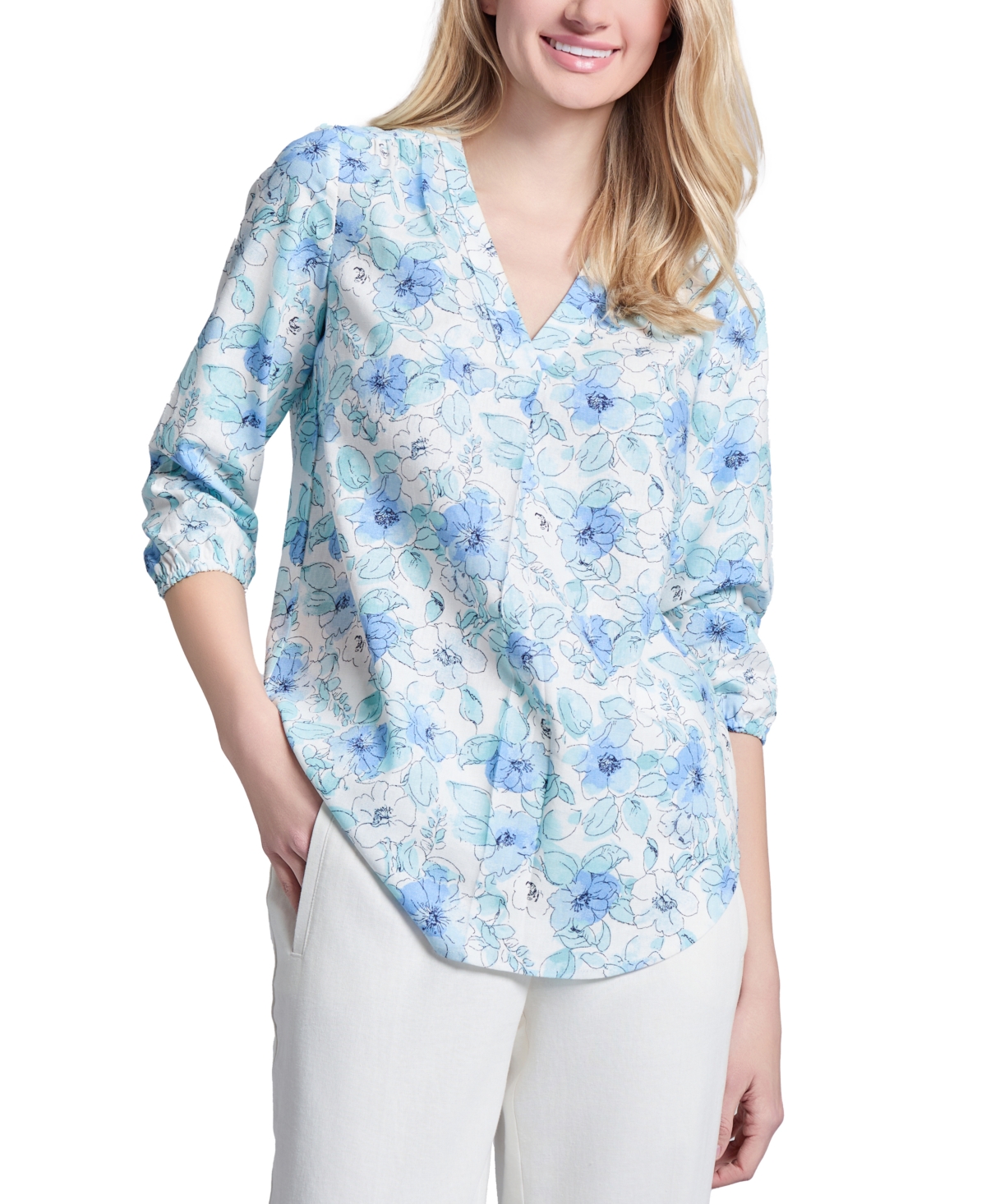 Jones New York Floral Linen Blend V-neck Tunic Top In Nyc White Multi