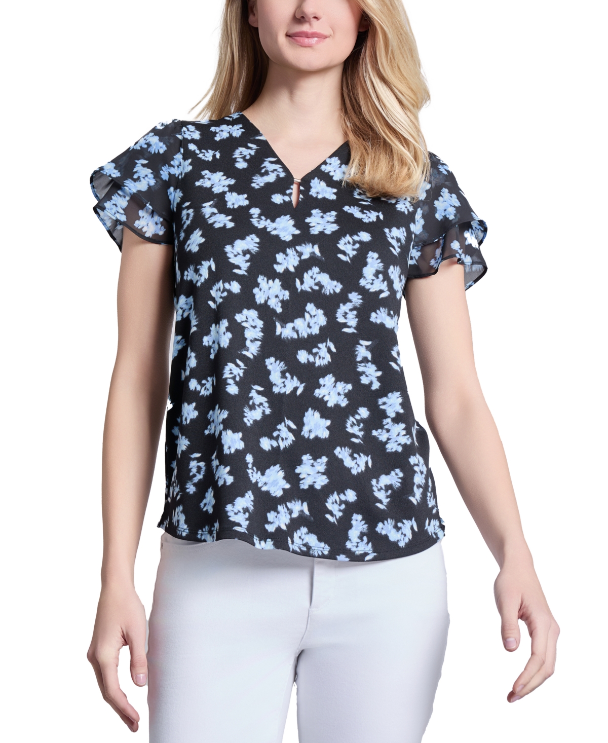 Petite Printed Flutter-Sleeve Blouse - Jones Black Multi