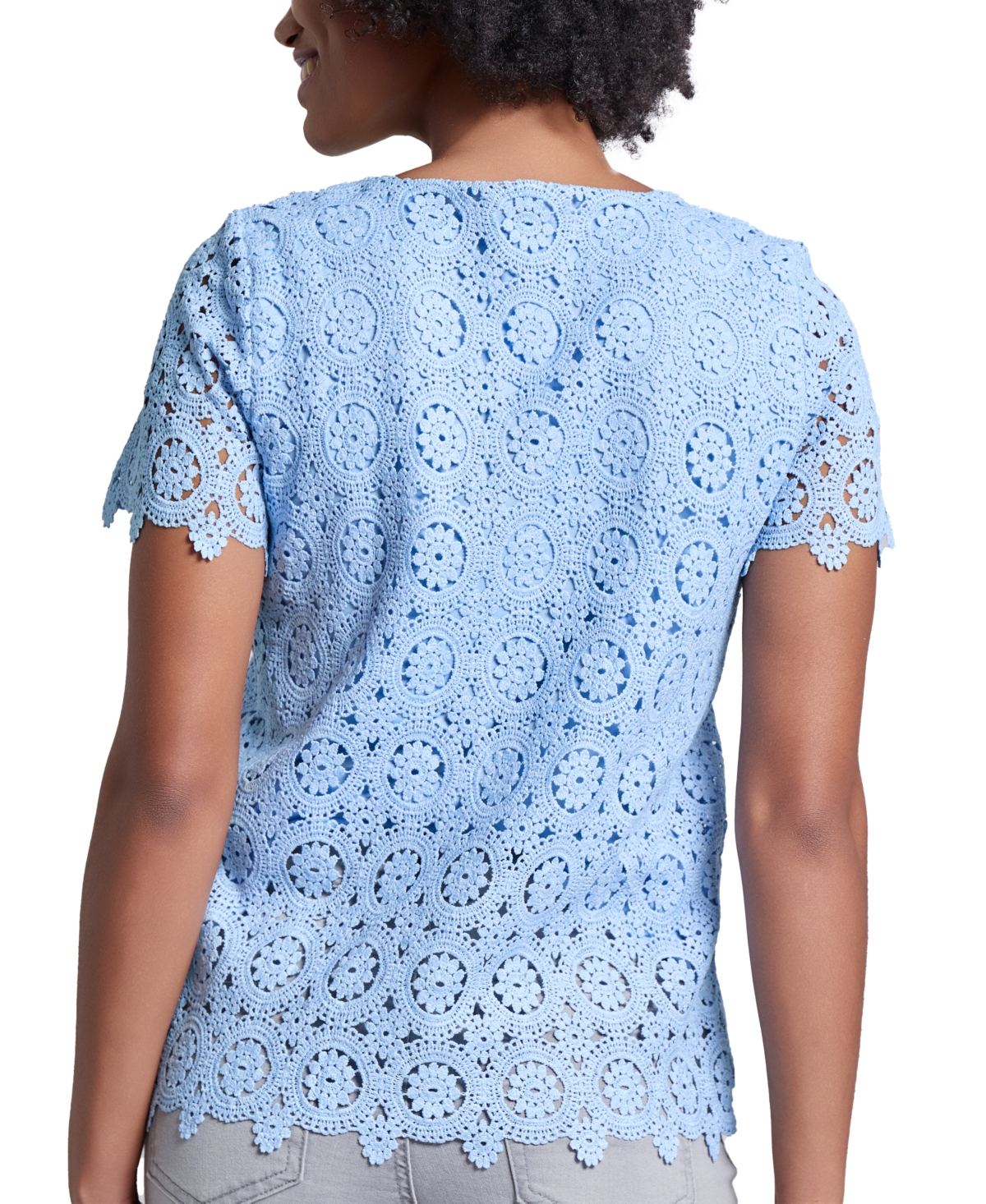 Jones New York Petite Short-sleeve Lace Top In Chintz Blue