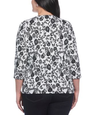 Plus Size Floral Print Lace Up 3/4 Sleeve Top