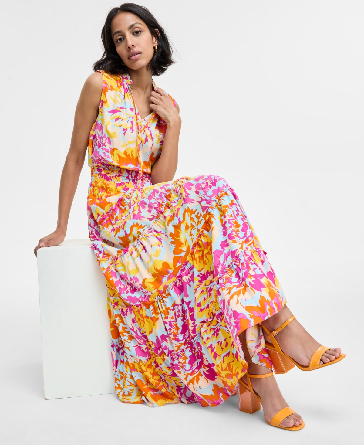 Msk Women's Printed Ruffle-collar Tiered Maxi Dress In Pink