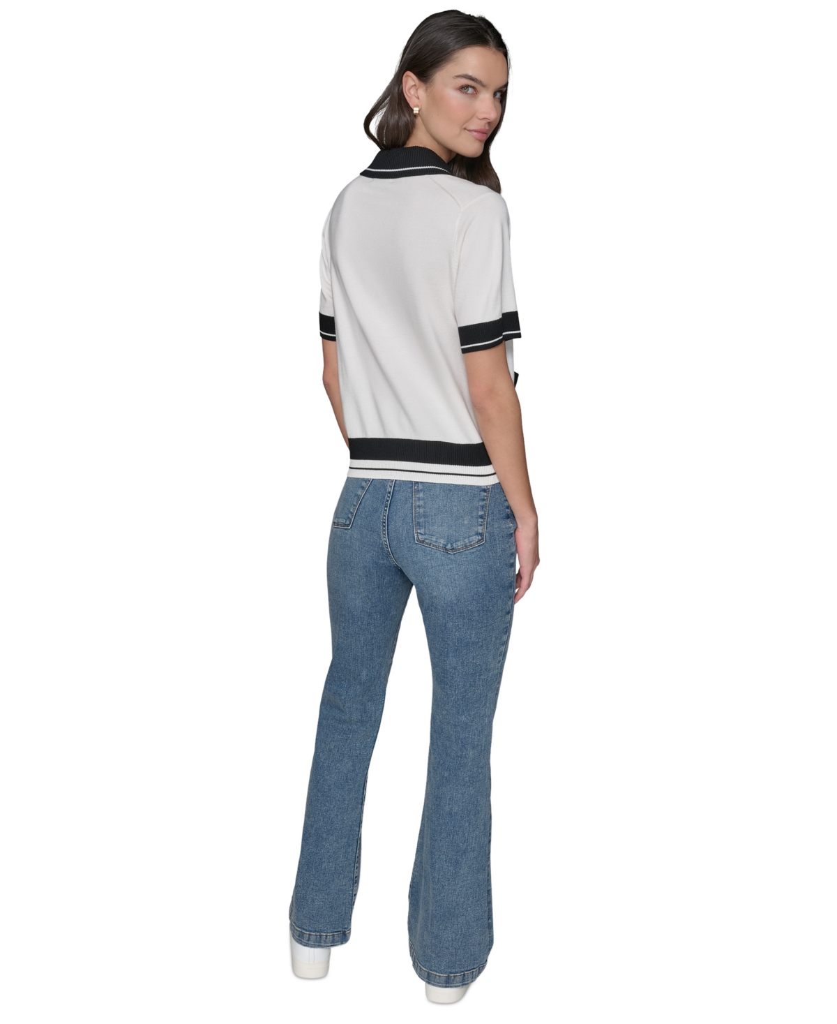 Shop Karl Lagerfeld Women's Short-sleeve Collared Sweater In Soft White