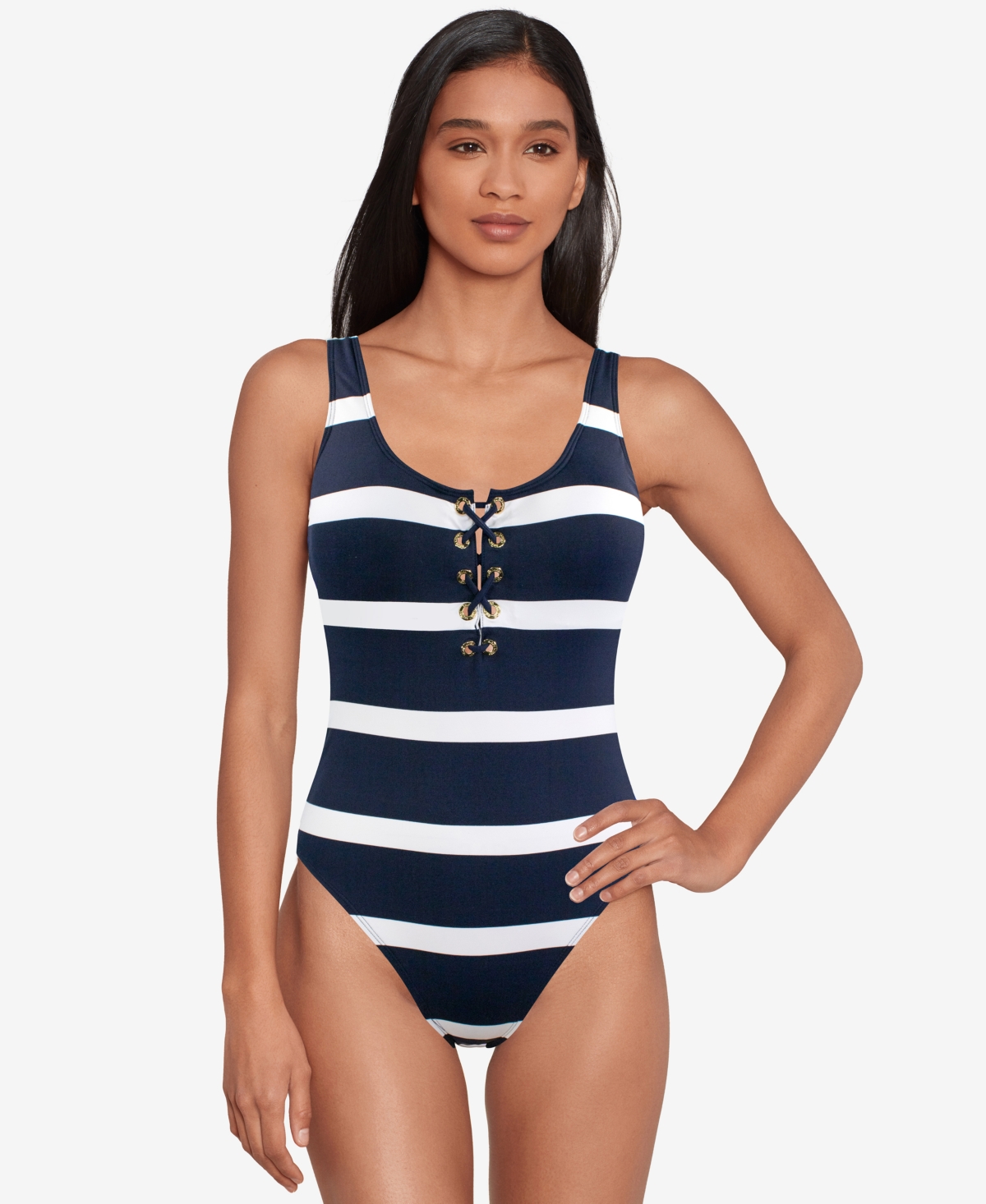 Women's Striped One-Piece Swimsuit - Dark Navy
