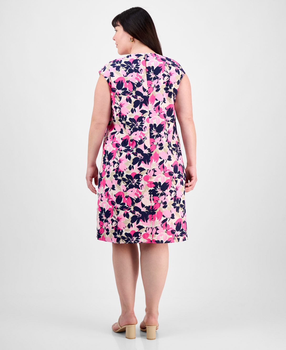 Jones New York Floral Extended Cap Sleeve Linen Blend Dress In Jones White