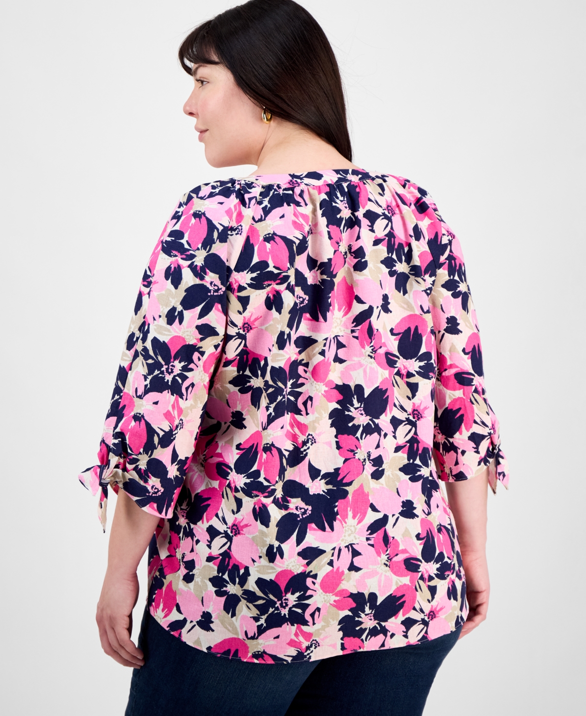 Jones New York Plus Size Floral-print Linen-blend Blouse In Jones White
