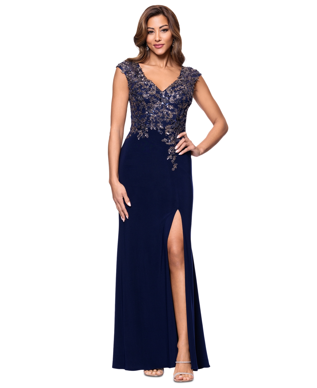 Xscape Women's Embellished V-neck Sleeveless Gown In Navy,gunmetal