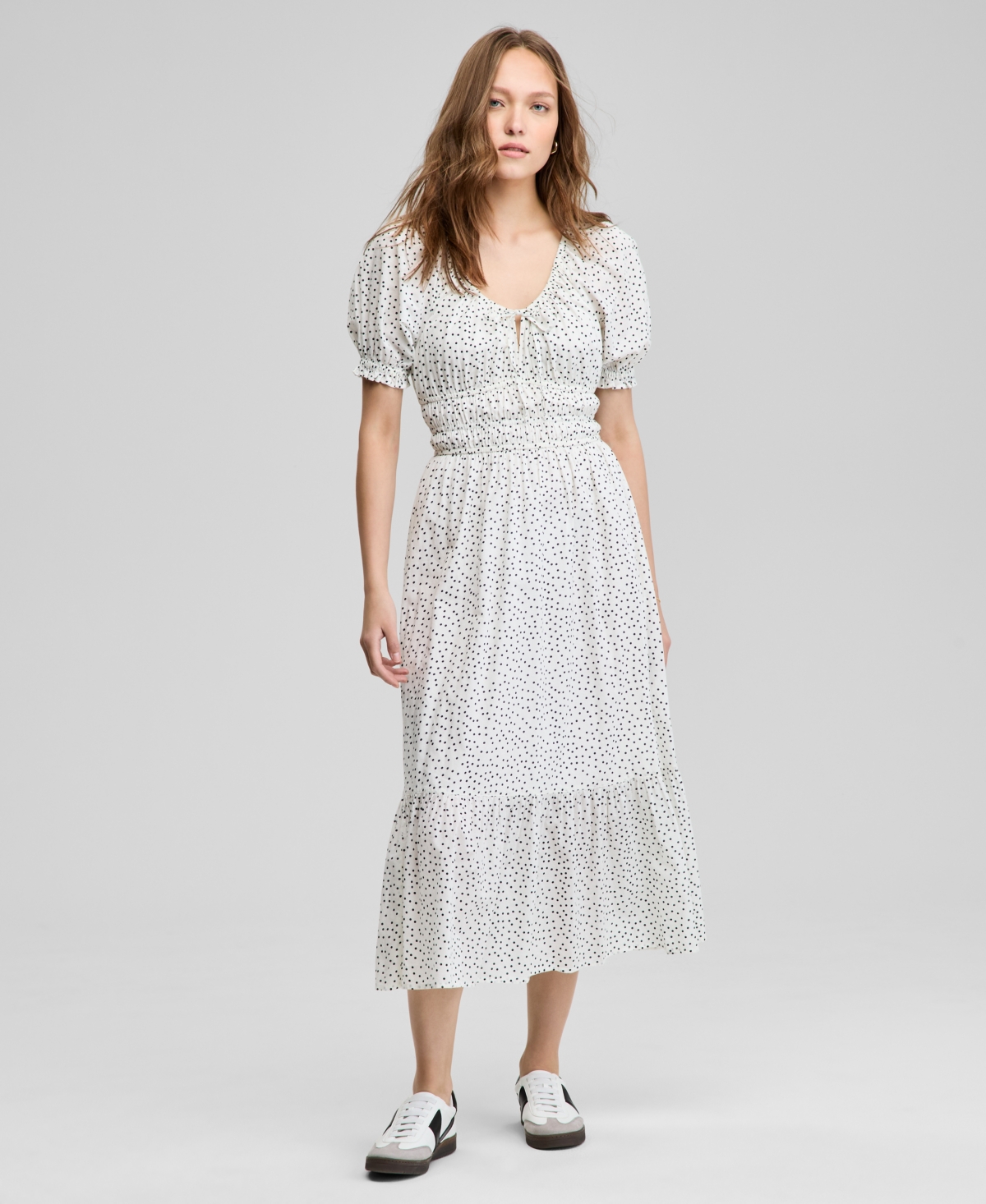 Women's Cotton Dot-Print Smocked-Waist Dress, Exclusively at Macy's - White Dot