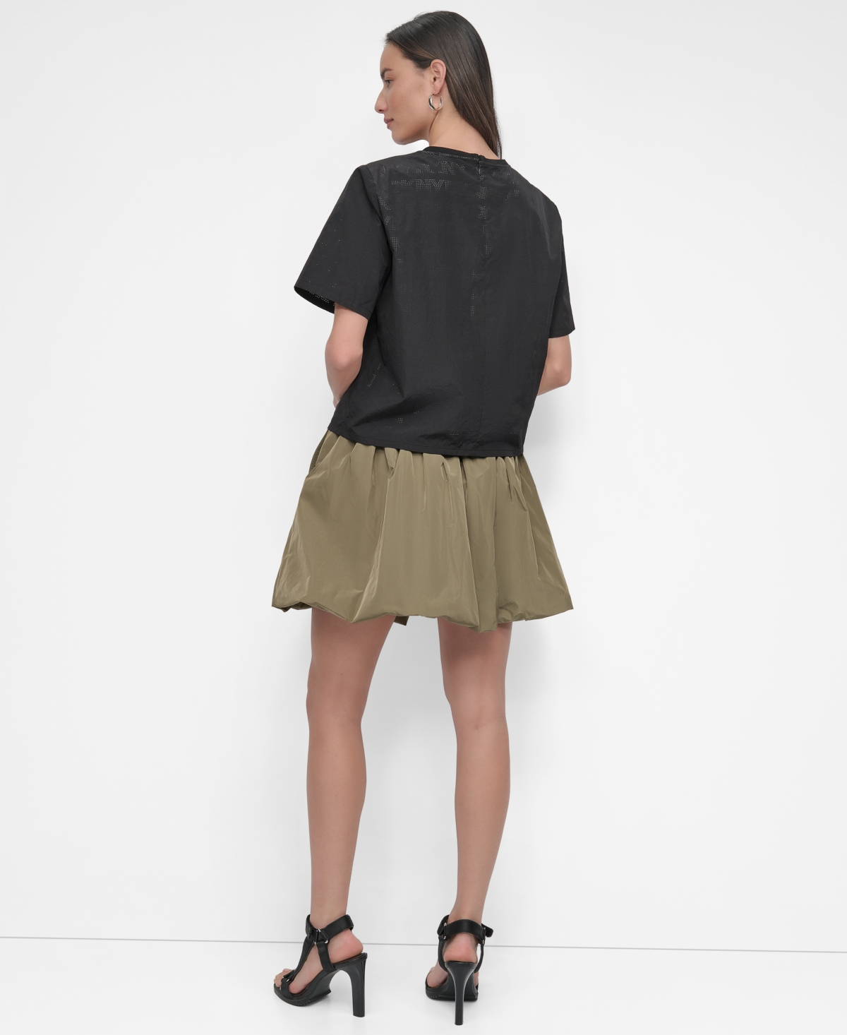 Dkny Peforated Logo Boxy Nylon T-shirt In Black