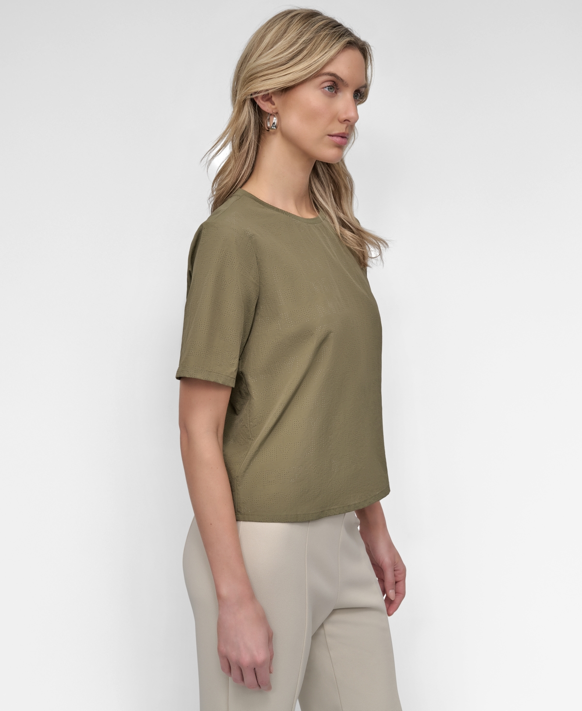Dkny Peforated Logo Boxy Nylon T-shirt In Utility Green
