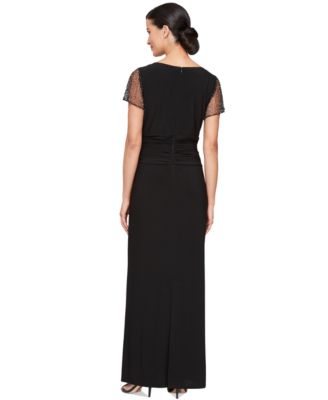 Petite Beaded Flutter-Sleeve Ruched Gown
