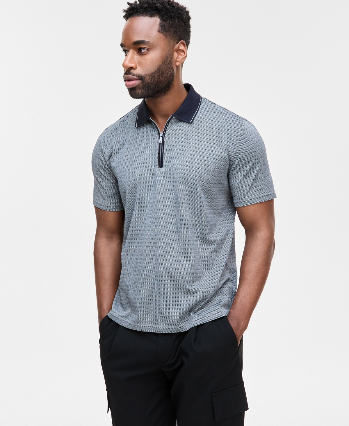 Karl Lagerfeld Men's Performance Stripe Zip Polo Shirt In Navy