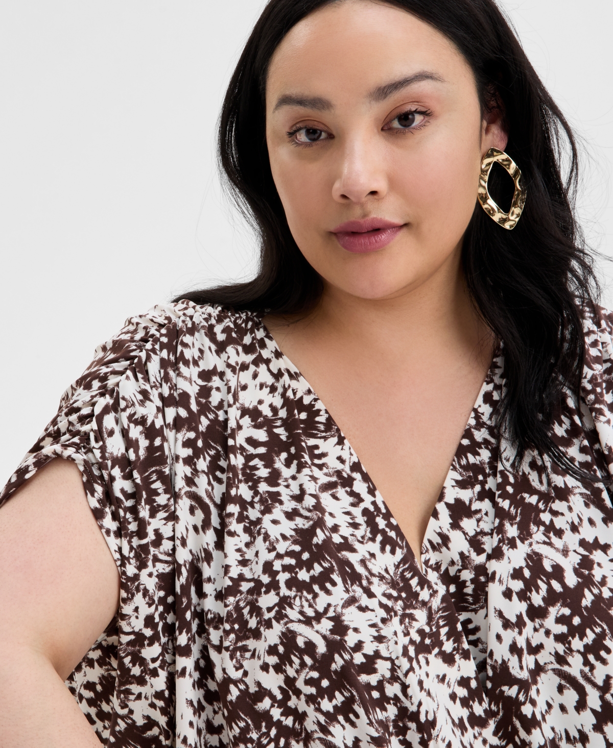 Inc International Concepts Inc Plus Size Printed Ruched Surplice-neck Top, Exclusively At Macy's In Deep Black