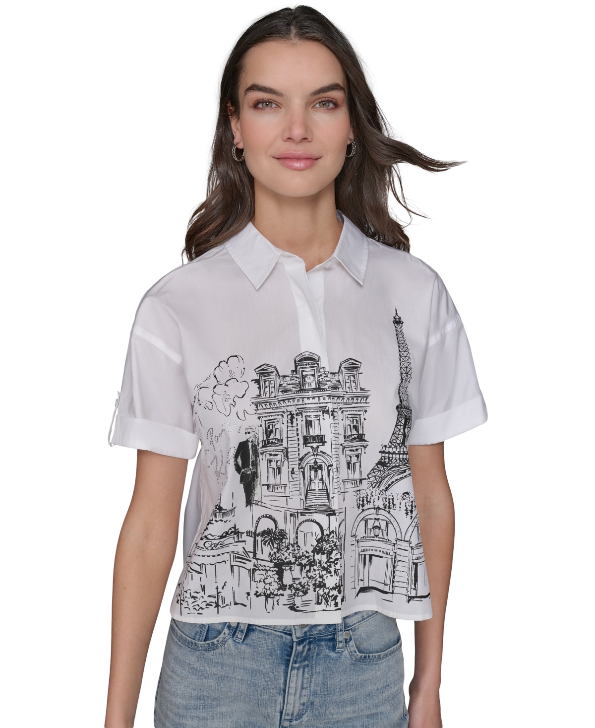 Karl Lagerfeld Women's Cotton Crop Paris Scene Button-front Top In White