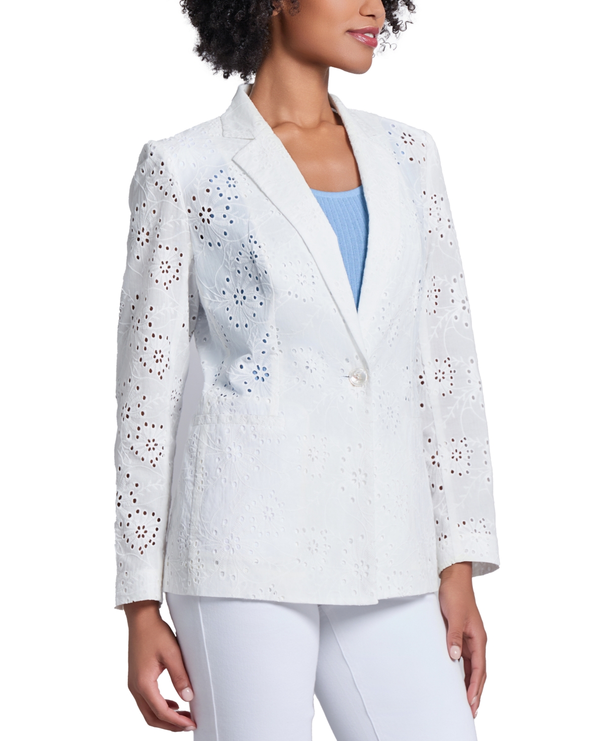 Jones New York Women's Floral-Eyelet Long-Sleeve Jacket