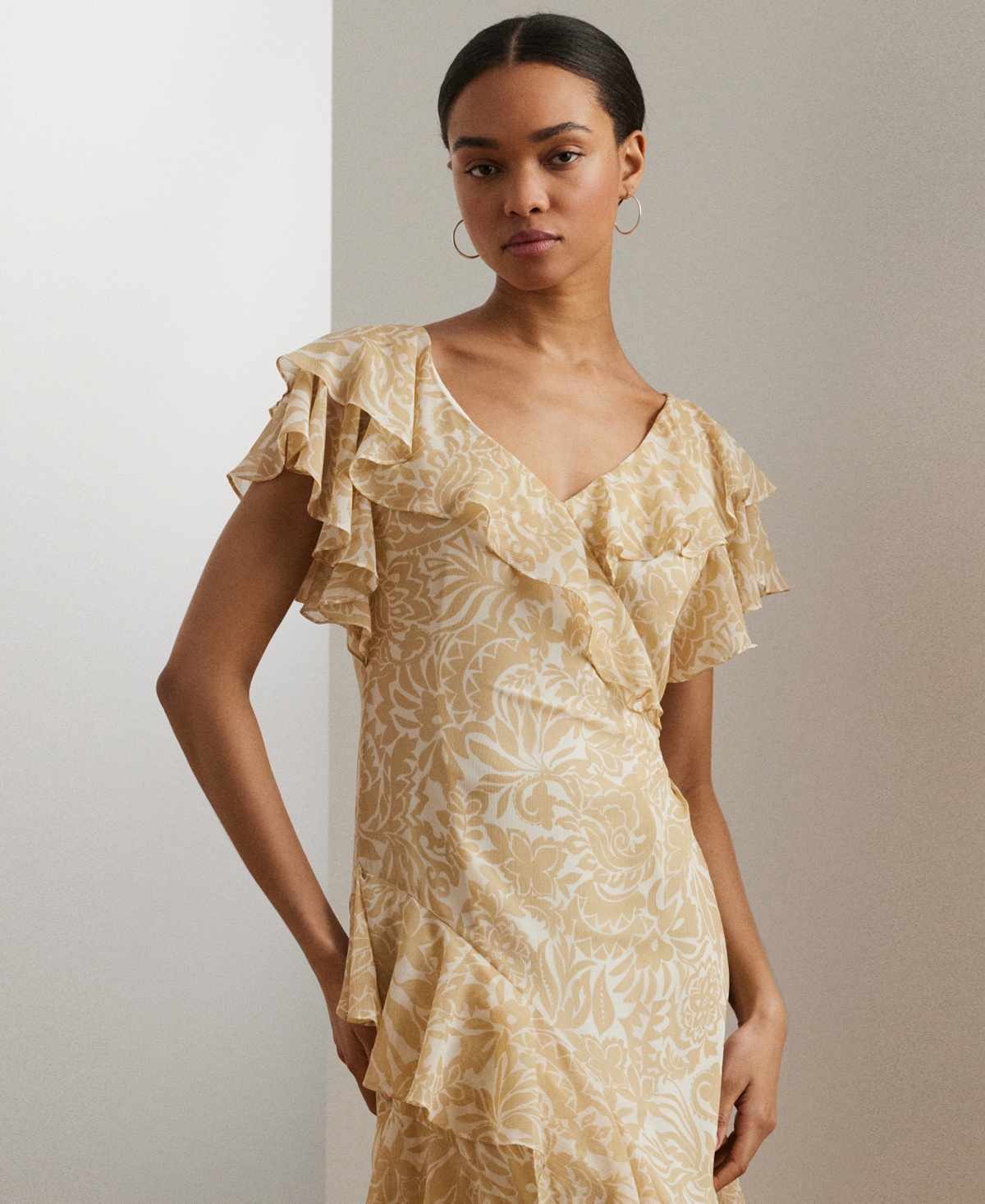 Shop Ralph Lauren Women's Floral Ruffle-trim Georgette Gown In Cream,tan