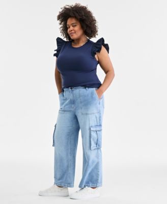 Women's Plus size Light Wash High Rise Utility Cargo Jeans, Created for Macy's