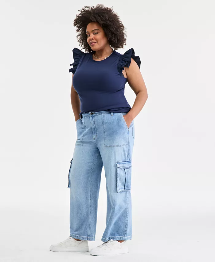 Women's Light Wash High Rise Utility Cargo Jeans - thumbnail 2