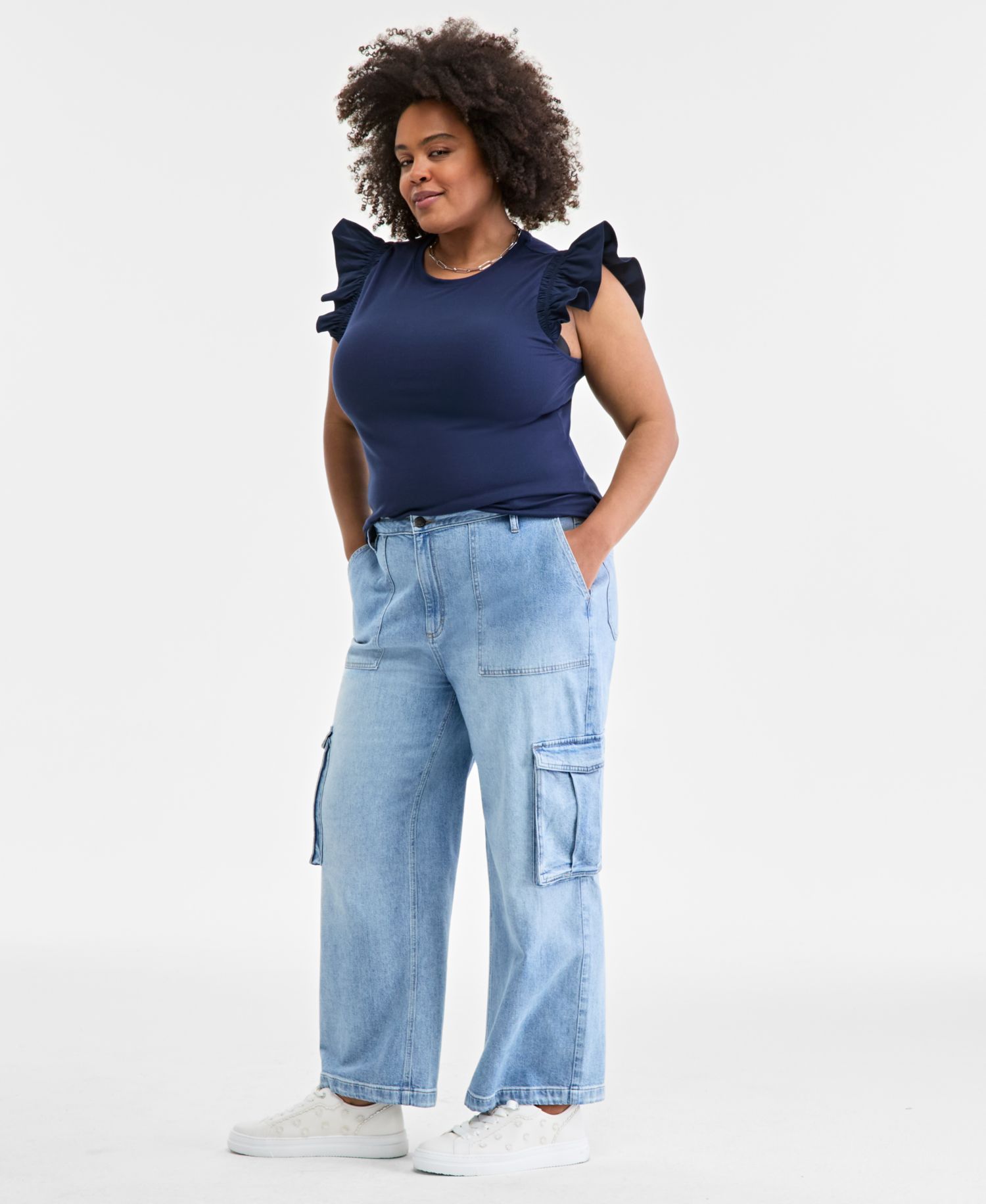 Women's Light Wash High Rise Utility Cargo Jeans