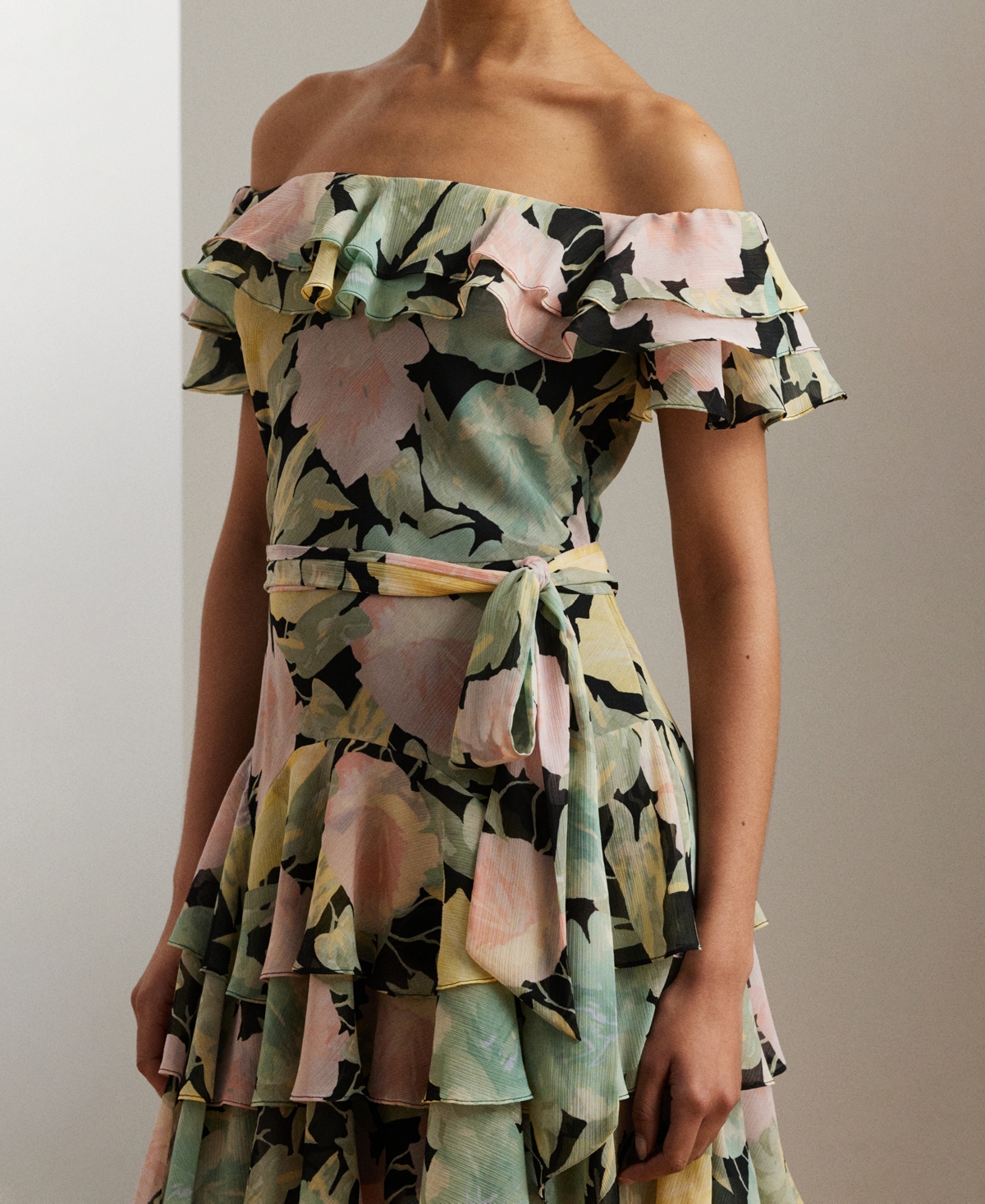 Ralph Lauren Women's Floral Off-the-shoulder Cocktail Dress In Black,pink,green