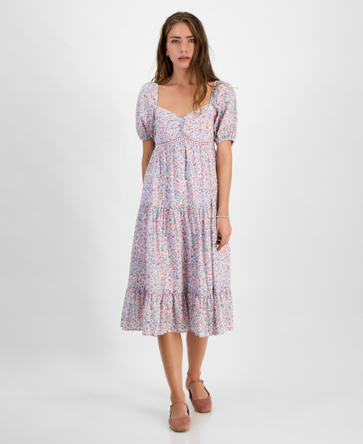 KINGSTON GREY JUNIORS' FLORAL TIERED PUFF-SLEEVE MIDI DRESS 