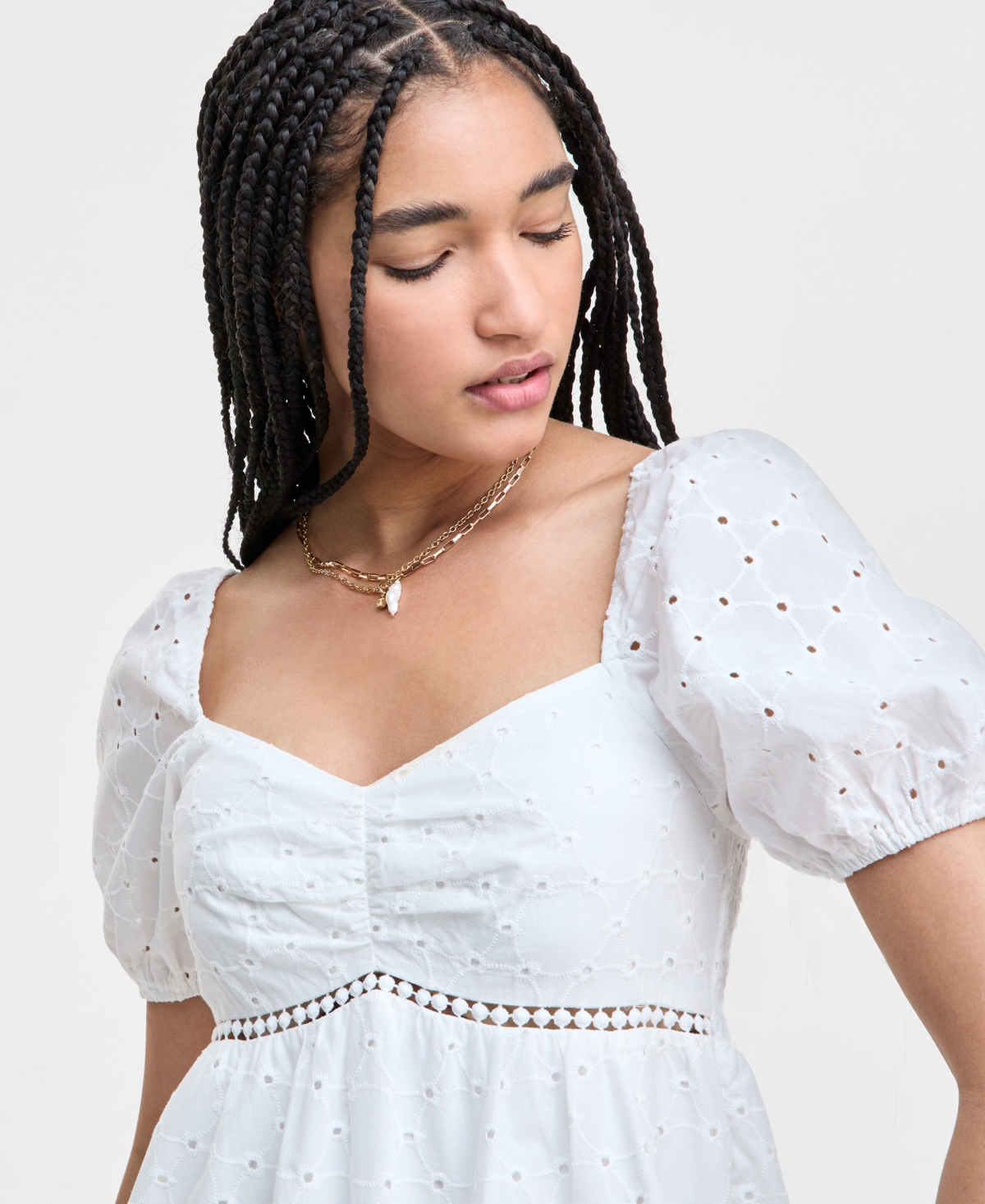 KINGSTON GREY JUNIORS' EYELET PUFF-SLEEVE TIERED MIDI DRESS 