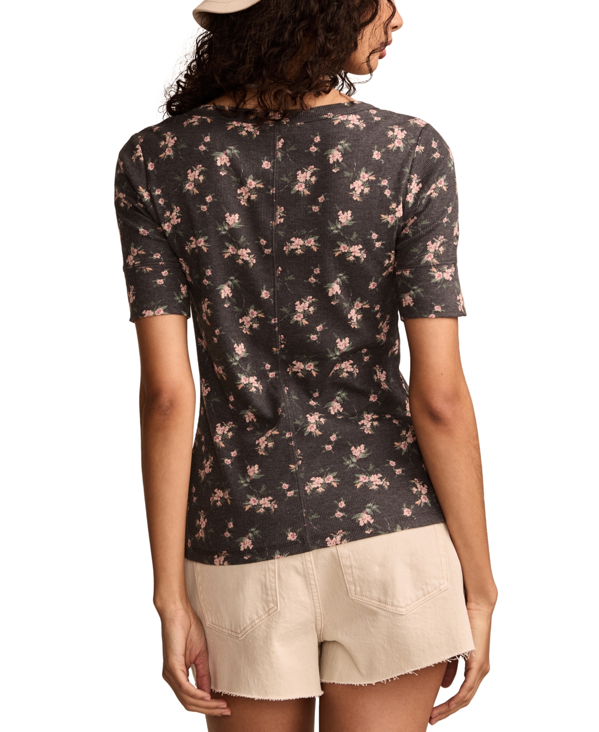 Lucky Brand Women's Ribbed Henley Tee In Black Floral