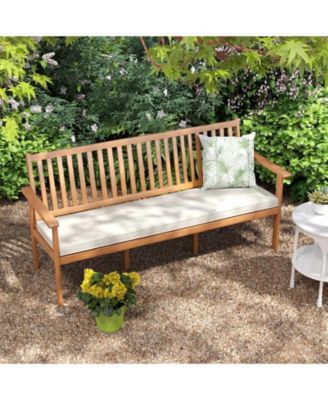 Outdoor 3-Seat Wood Bench with Seat Cushion and Slatted Seat