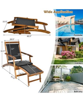 2PCS Patio Folding Rattan Lounge Chair Wood Frame Retractable Footrest