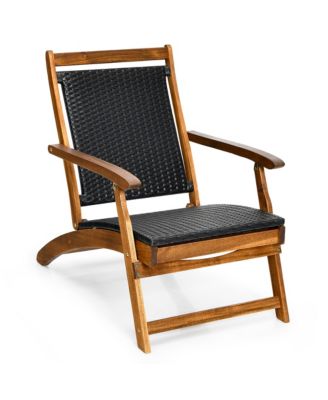 2PCS Patio Folding Rattan Lounge Chair Wood Frame Retractable Footrest