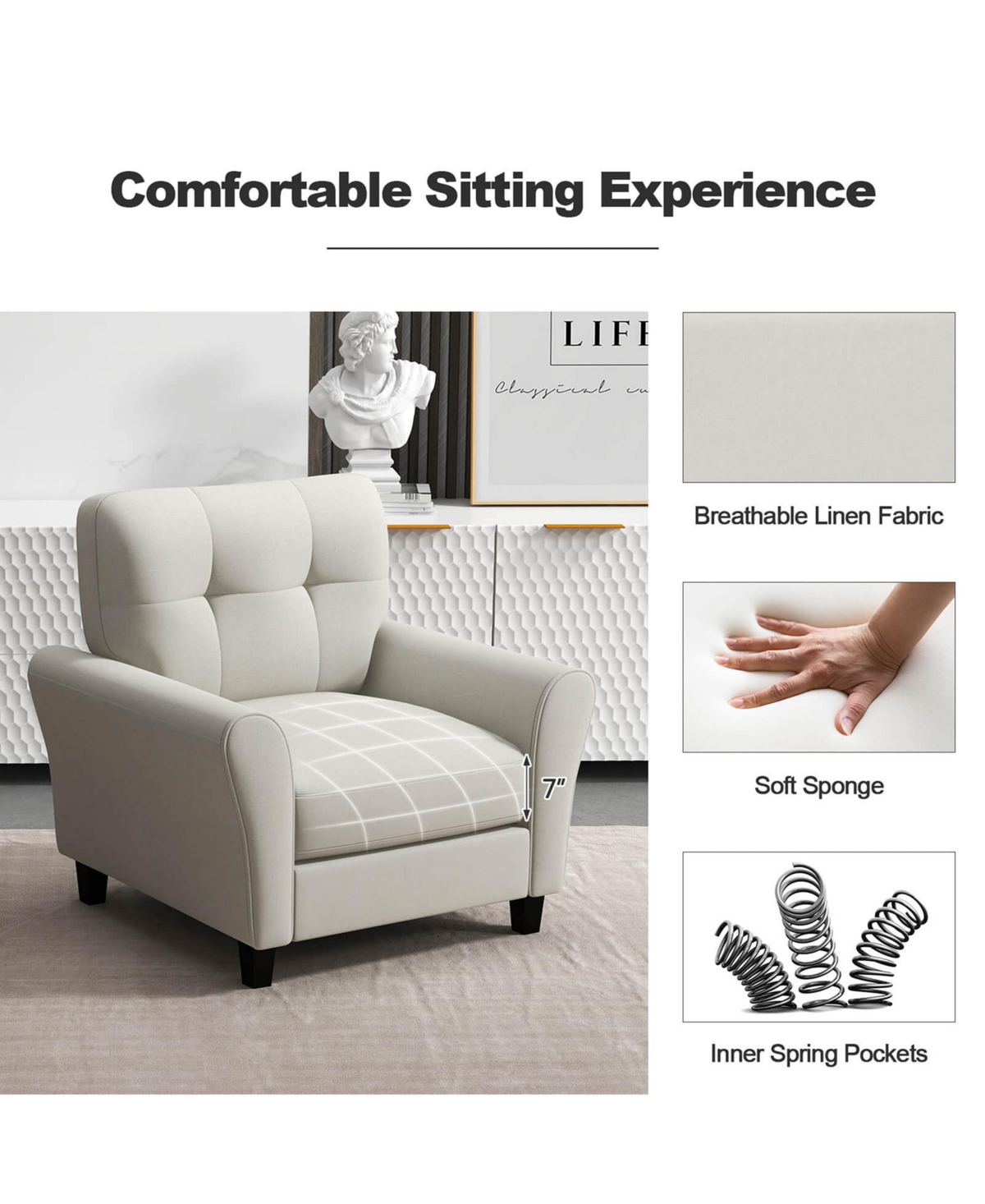 Pcs Upholstered Modern Accent Chair Mid-Century Armchair with Rubber Wood Legs