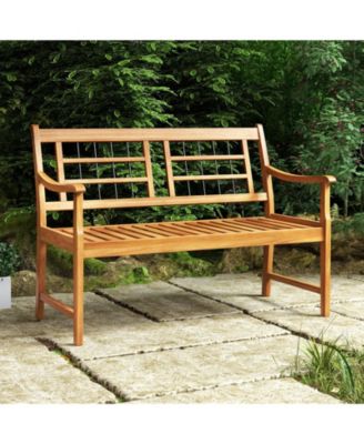 Patio Acacia Wood Bench with Curved Armrests Slatted Seat and Backrest