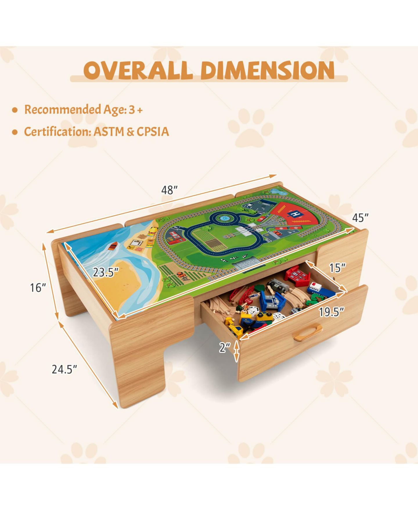 Детский игровой набор Slickblue 100-Piece Battery-Powered Double-Sided Wooden Train Table Playset, цвет: Натуральный — фото 4