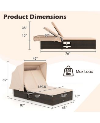 2-person Rattan Lounge Bed with Retractable Canopy 5-position Adjustable Backrest