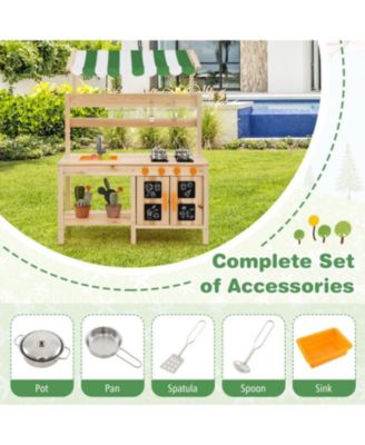 Mud Kitchen Fir Wood Play Kitchen with Canopy and Sink and 4 Stoves