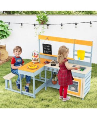 Fir Wood Play Kitchen with Kids Picnic Table and Built-in Bench