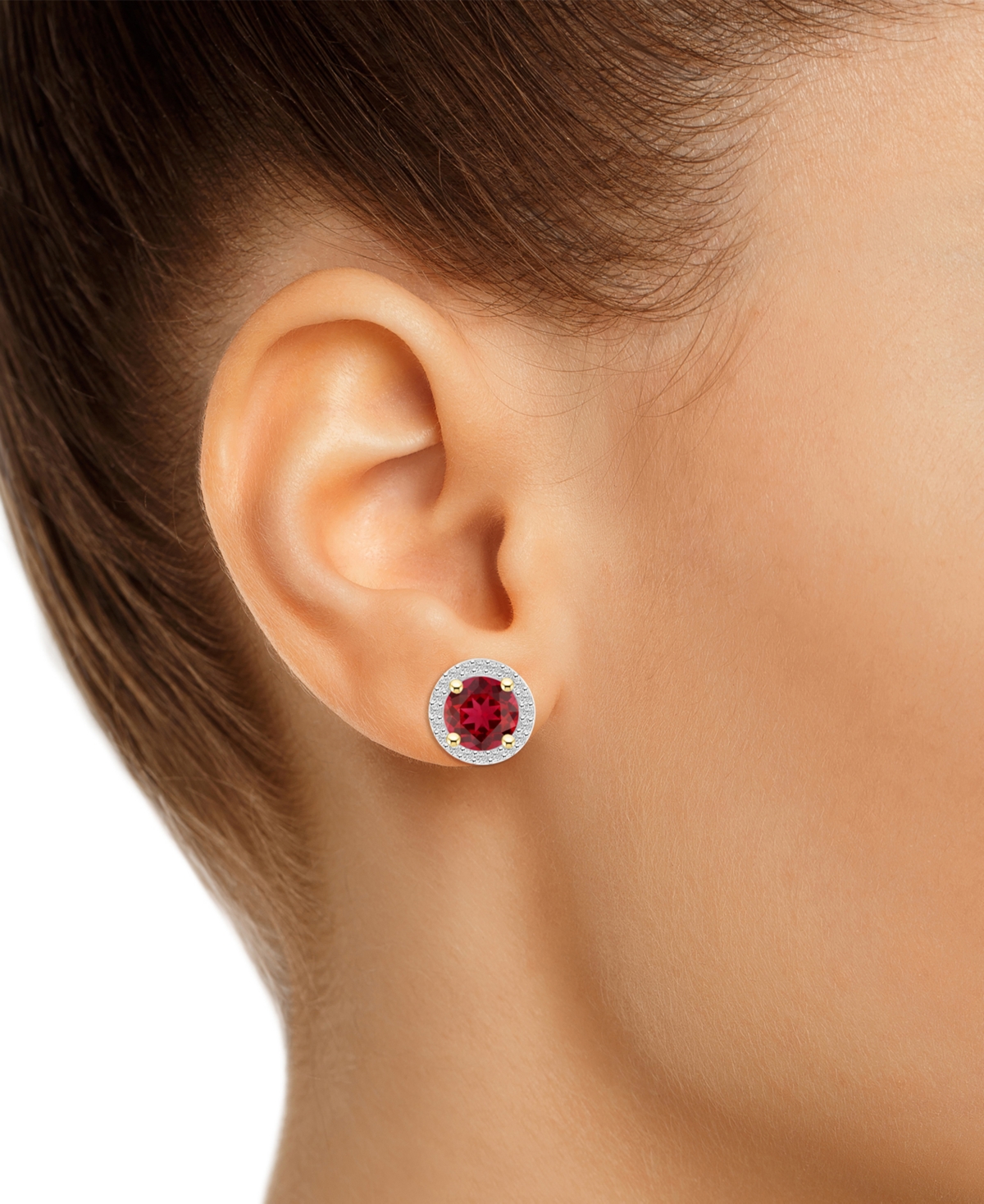 Macy's Lab-created Ruby (2 Ct. T.w.) & Lab-created White Sapphire (1/5 Ct. T.w.) Halo Stud Earrings In 10k In Ruby,gold