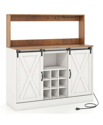 47.5" Farmhouse Coffee Bar Cabinet with Charging Station Glass Cup Holders Hutch