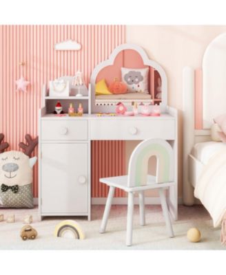 Kids Vanity Table with Cloud Mirror, Chair, and Open Shelf for Bedroom or Playroom