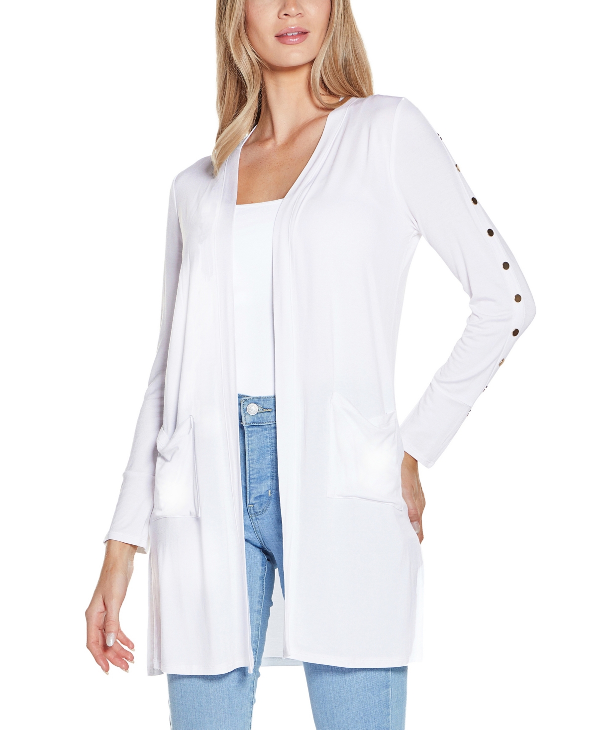 Shop Belldini Women's Embellished Sleeve Knit Open Cardigan Top In White
