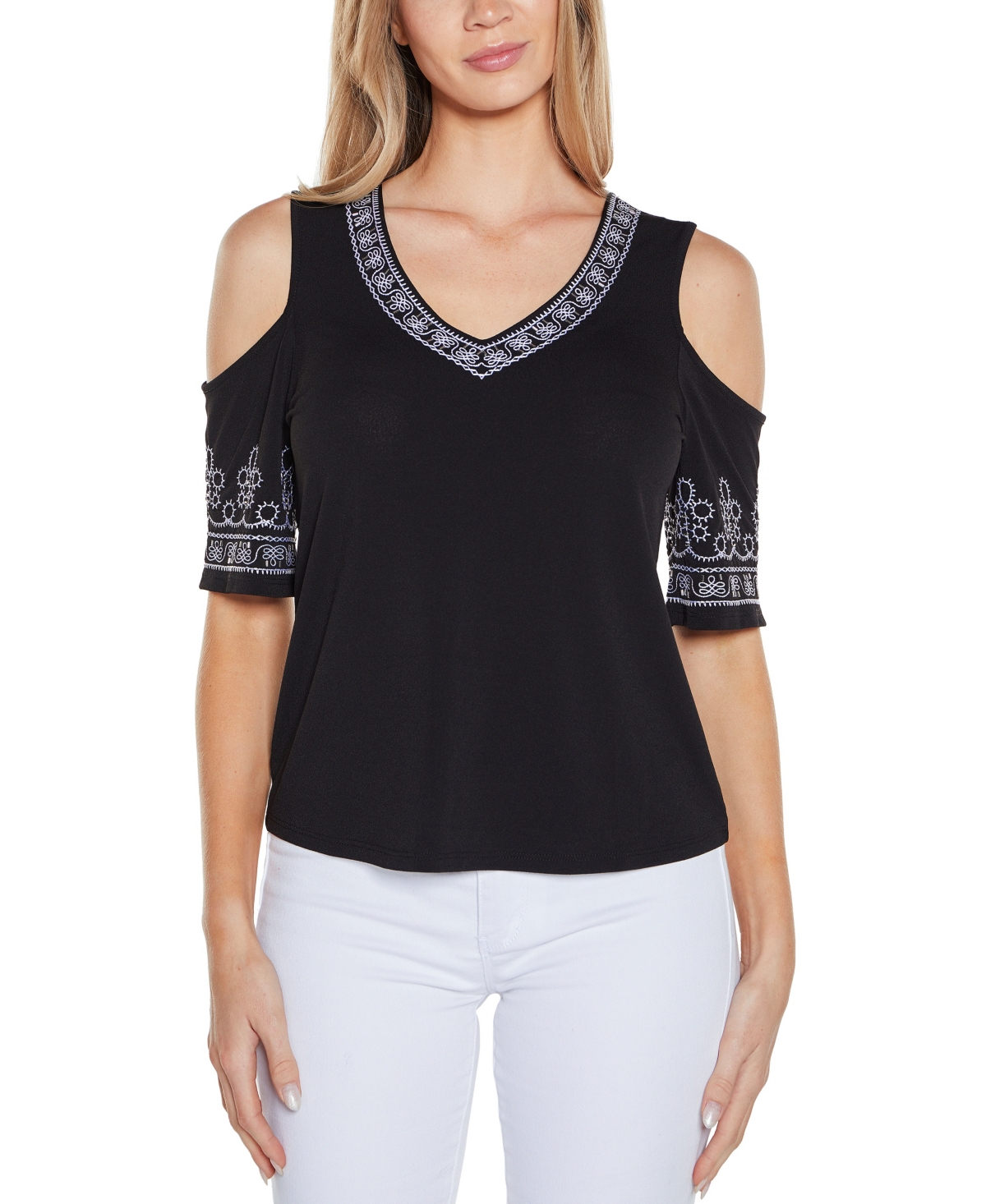 Women's Embroidered Cold-Shoulder Knit Top - Black Multi