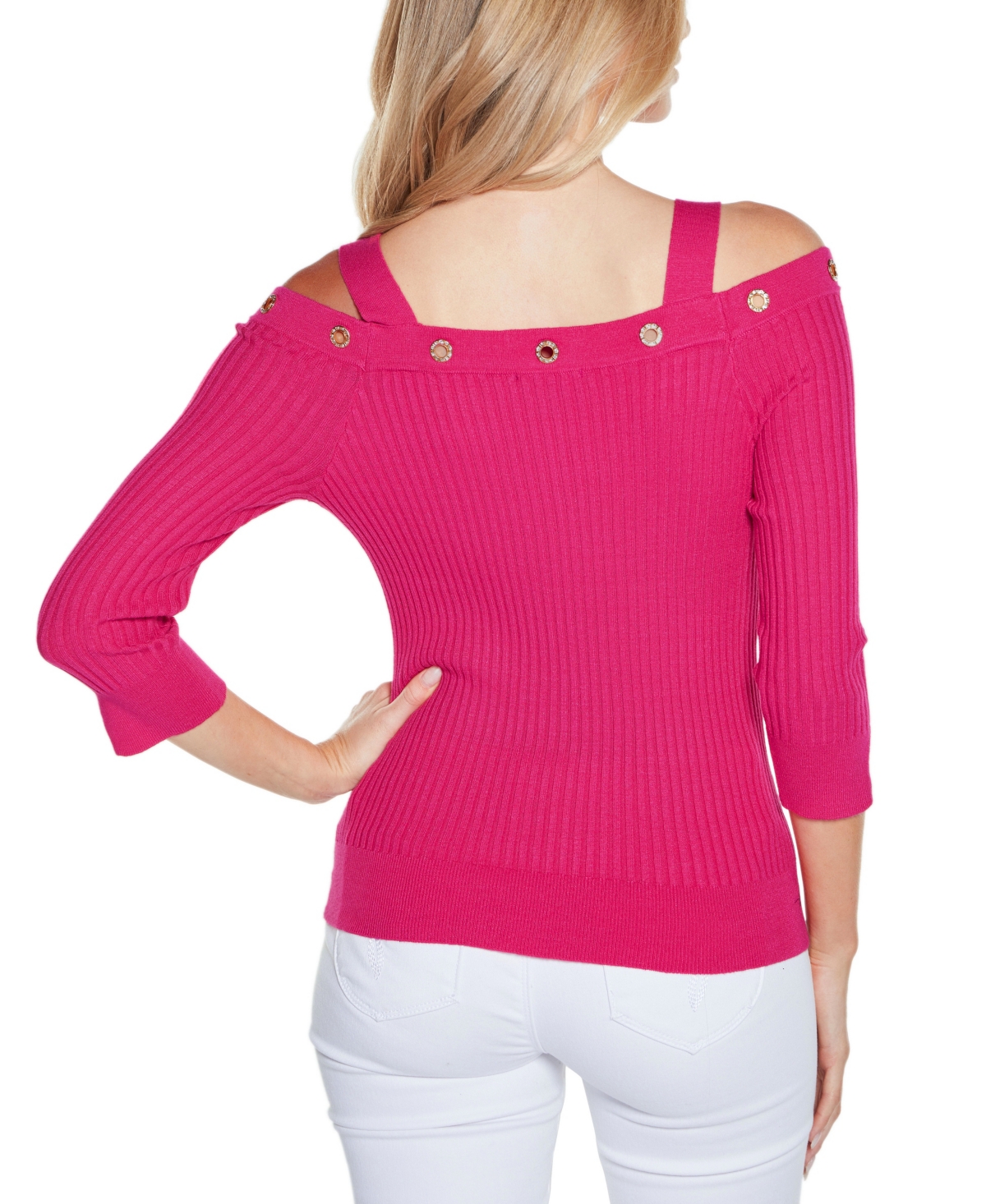 Shop Belldini Women's Rhinestone Grommet Cold-shoulder Sweater In Pomegranate Punch