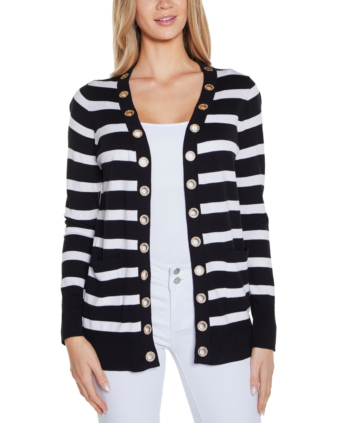 Shop Belldini Women's Rhinestone Grommet Striped Open-front Cardigan Sweater In Black Combo