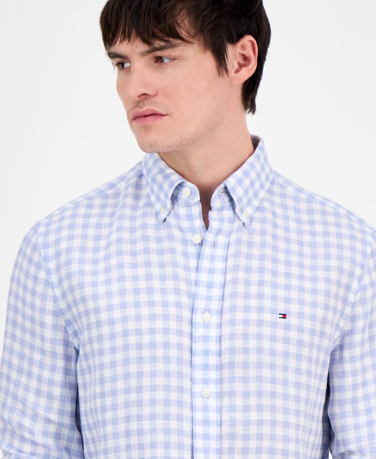 Shop Tommy Hilfiger Men's Slim-fit Gingham Linen Shirt In Breezy Blue,check