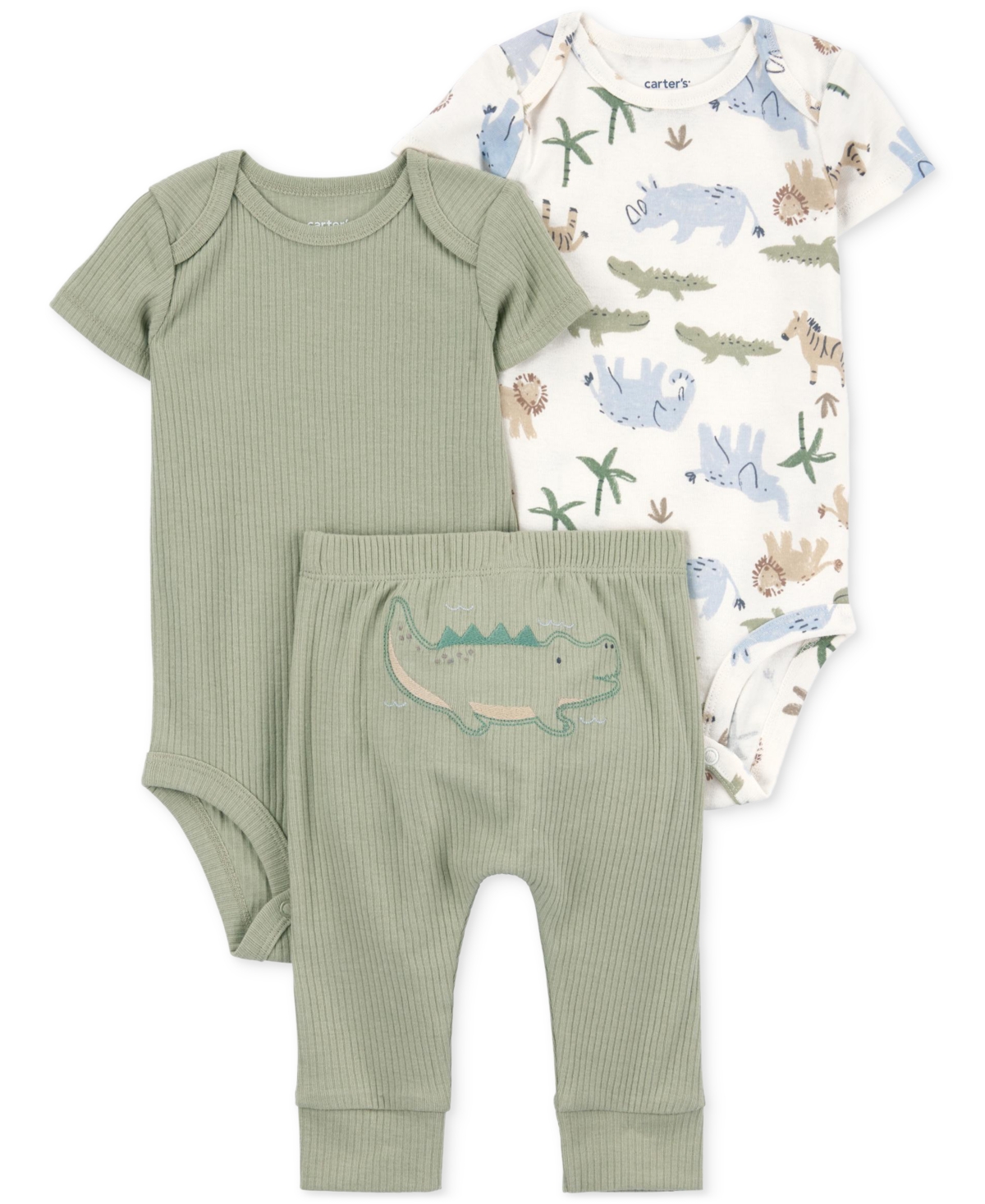 Carter's Baby Little Character Bodysuits & Pants, 3 Piece Set In Olive,aligator
