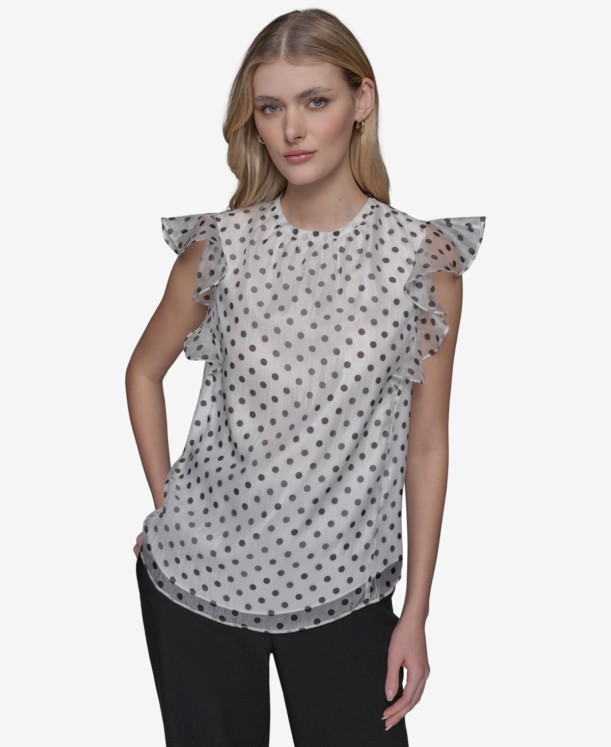 Shop Karl Lagerfeld Women's Dot-print Organza Flutter-sleeve Blouse In Black,soft White