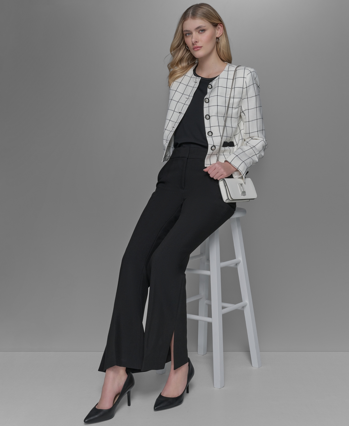 Shop Karl Lagerfeld Women's Windowpane-print Jacket In Soft White,black